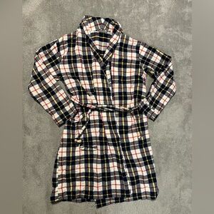 LL Bean Plaid Flannel Bathrobe Mens Large 100% Cotton Robe Beige Blue Yellow